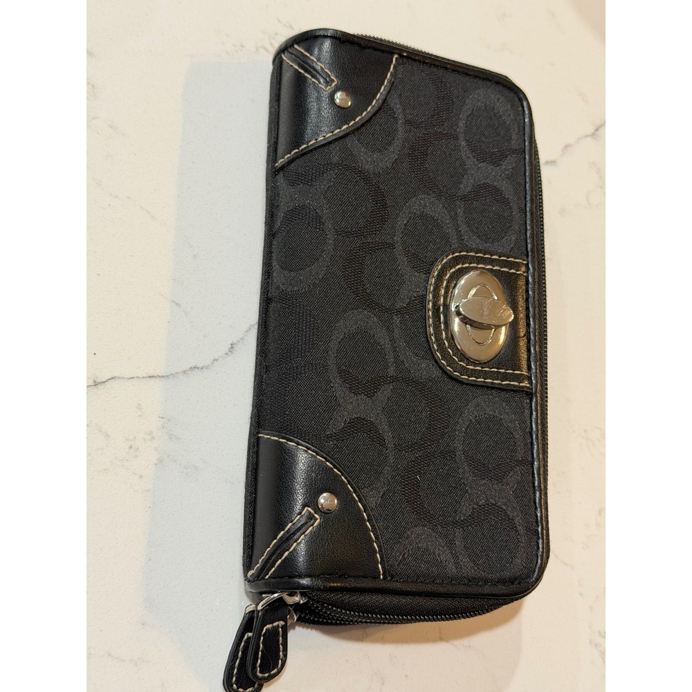 Black Signature Jacquard Zip Around Wallet with Turnlock and Mirror Pocket